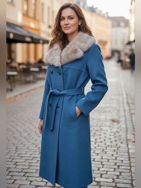 Vintage Blue 100% Virgin Wool Mink Fur Collar Coat Jacket Double Breast